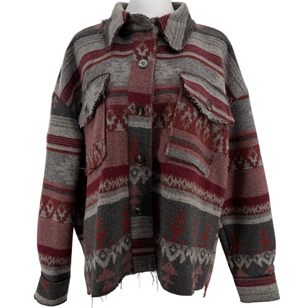 La Miel JKT1713 Womens S Aztec Southwestern Shacket Jacket Grey Raw Hem